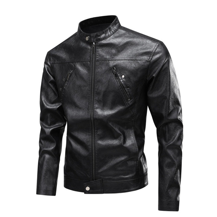 Herren Kunstleder-Bikerjacke mit Stehkragen, diagonalem Brustzipper & schmaler Silhouette Echoarchiv