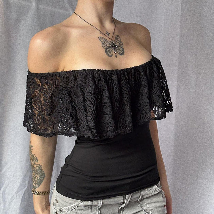 Damen Oberteil mit Spitzen-Overlay und schulterfreiem Design Echo Archiv