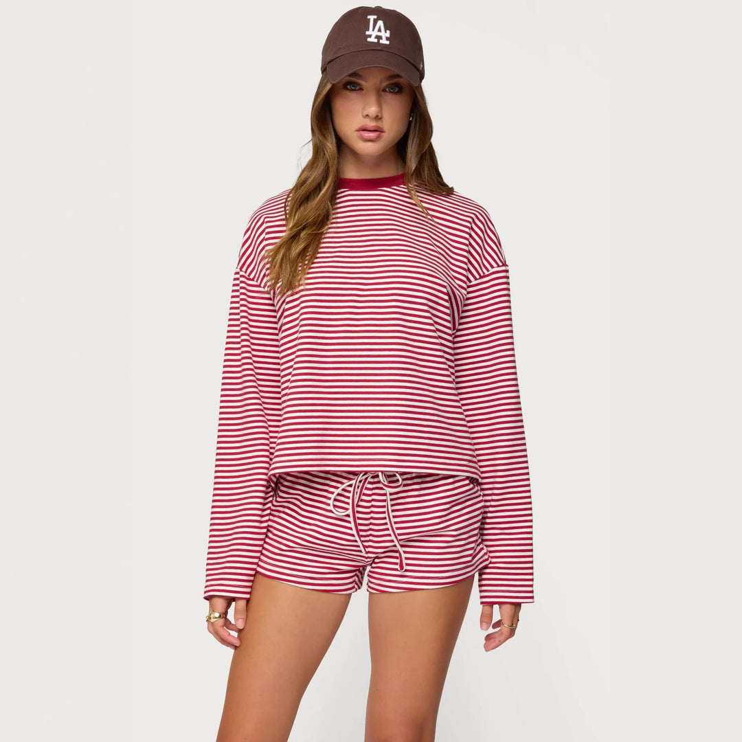 Damen Lässiges Streifen-Loungewear-Set mit langärmligem Oberteil und kurzer Hose Echo Archiv