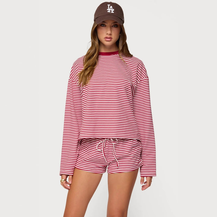 Damen Lässiges Streifen-Loungewear-Set mit langärmligem Oberteil und kurzer Hose Echo Archiv