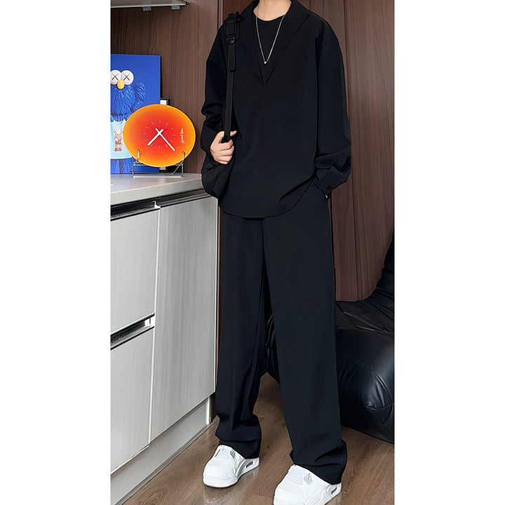 Herren nan locker geschnittenes zweiteiliges Freizeitset mit tiefem V-Ausschnitt Overshirt und weitem Bundfaltenhose Echo Archiv