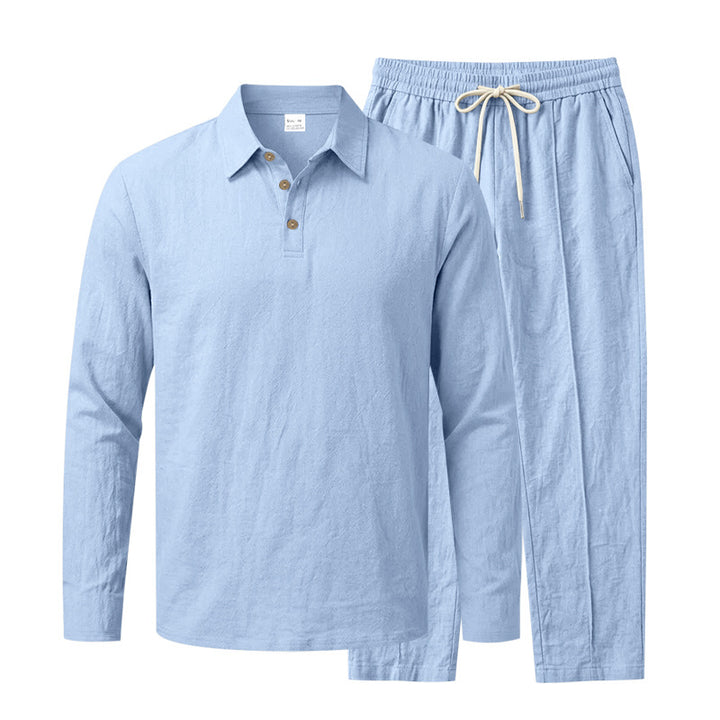 Herren Langarm-Henley-Lounge-Set aus leichter Baumwollmischung mit Kordelzug Echoarchiv