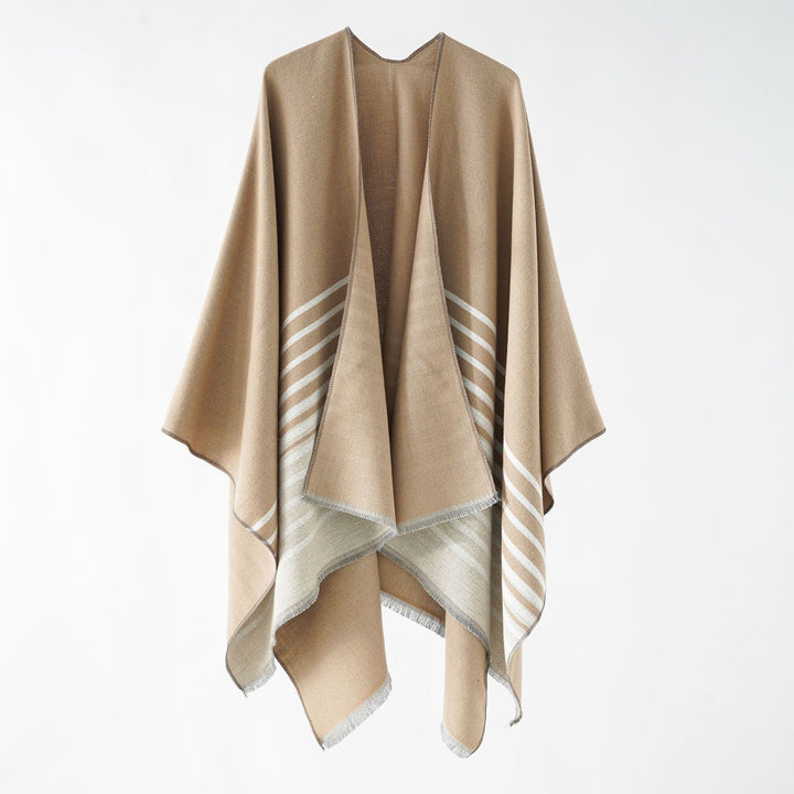 Damen Oversize-Umhangponcho im kastigen Fall mit diagonalem Streifenpanel und feinfransigem Saum Echo Archiv