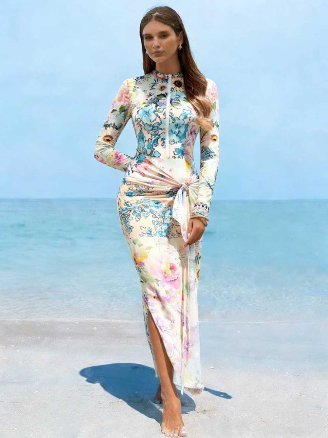 Damen Elegantes Langarm-Strandkleid mit floralem Design Echo Archiv