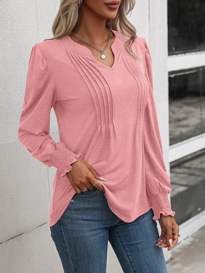 Damen nan Langarmshirt mit V-Ausschnitt, dekorativen Kellerfalten vorn und elastischen Smokbündchen Echo Archiv