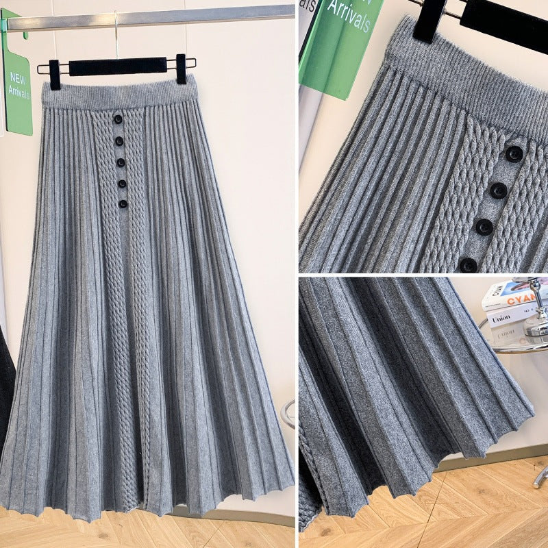 Damen Plissierter Maxirock mit Knopfdetails und feinem Wellenmuster – Valéora