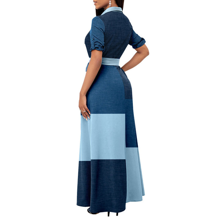 Damen Maxikleid Hemdblusenstil mit Taillengürtel und Blockpatch-Design Echoarchiv