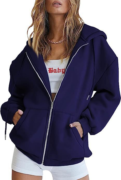 Damen oversized Kapuzenjacke mit durchgehendem Reißverschluss Kängurutaschen und weichem Sweatmaterial – Auréline