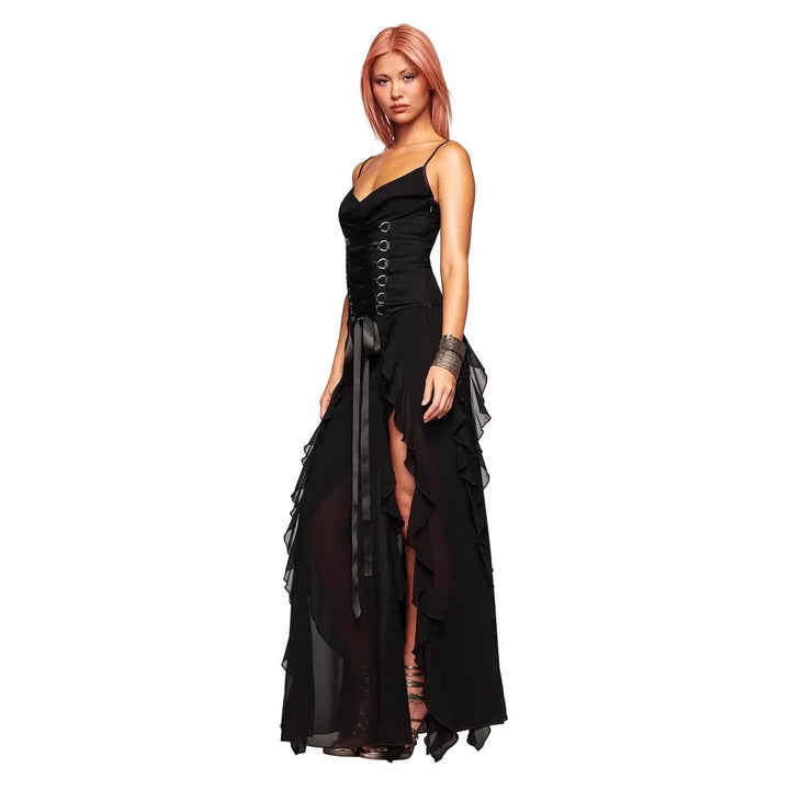 Damen Elegantes Wickelkleid mit Rüschen und Schnürdetails Echo Archiv