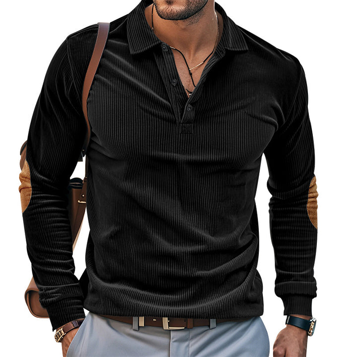 Herren lässiges Langarm-Henley-Shirt mit strukturiertem Rippenstoff und kontrastierenden Ellbogenpatches Echoarchiv