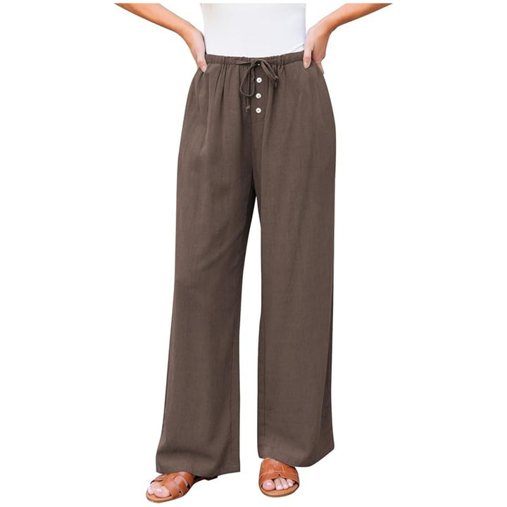 Damen weite Leinenhose mit elastischem Bund, Kordelzug und Knopfleiste Echo Archiv