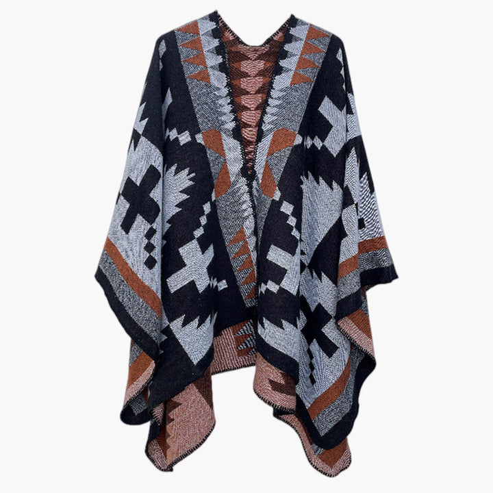 Damen Oversize-Strickcape mit Azteken‑Jacquard, V‑Ausschnitt und weichfallendem Saum Echo Archiv
