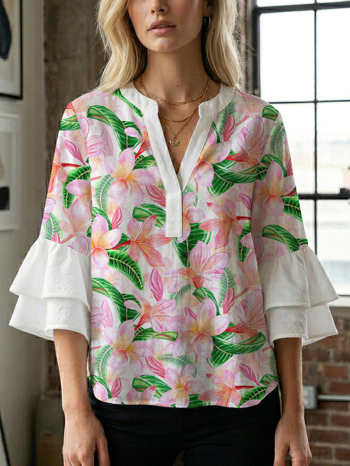 Damen Bluse mit voluminösen Rüschenärmeln und floralem Muster Echo Archiv