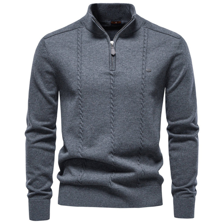 Herren Feinstrickpullover mit halbem Reißverschluss und vertikalem Zopfmuster Echoarchiv