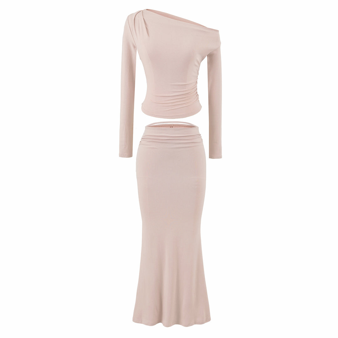 Damen Einschultriges zweiteiliges Set mit gerafftem Crop-Top und tailliertem Maxirock Echoarchiv