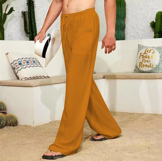 Herren weite Leinenhose mit Tunnelzug, aufgesetzten Seitentaschen und Relaxed-Fit – Sorevano