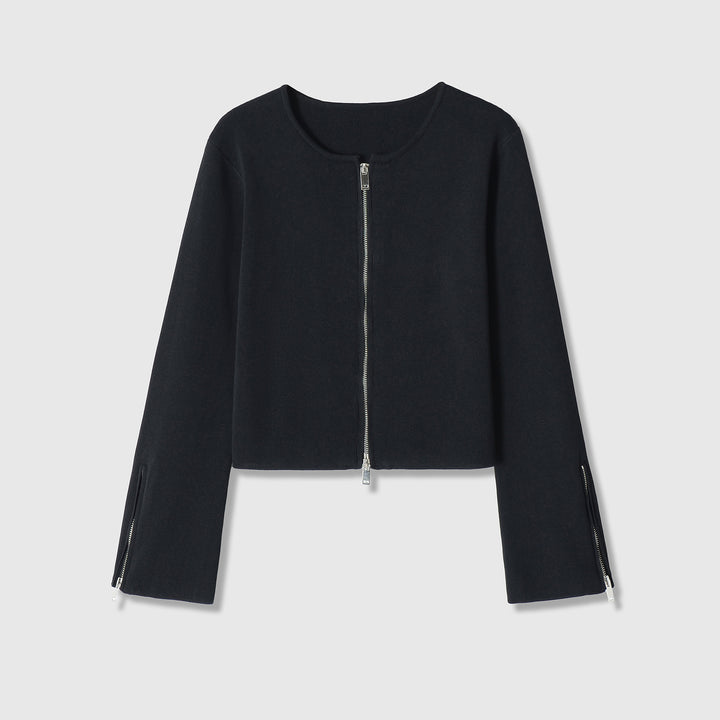Damen Kurzgeschnittene Feinstrick-Jacke mit Zwei-Wege-Reißverschluss und Ärmelzipper Echoarchiv