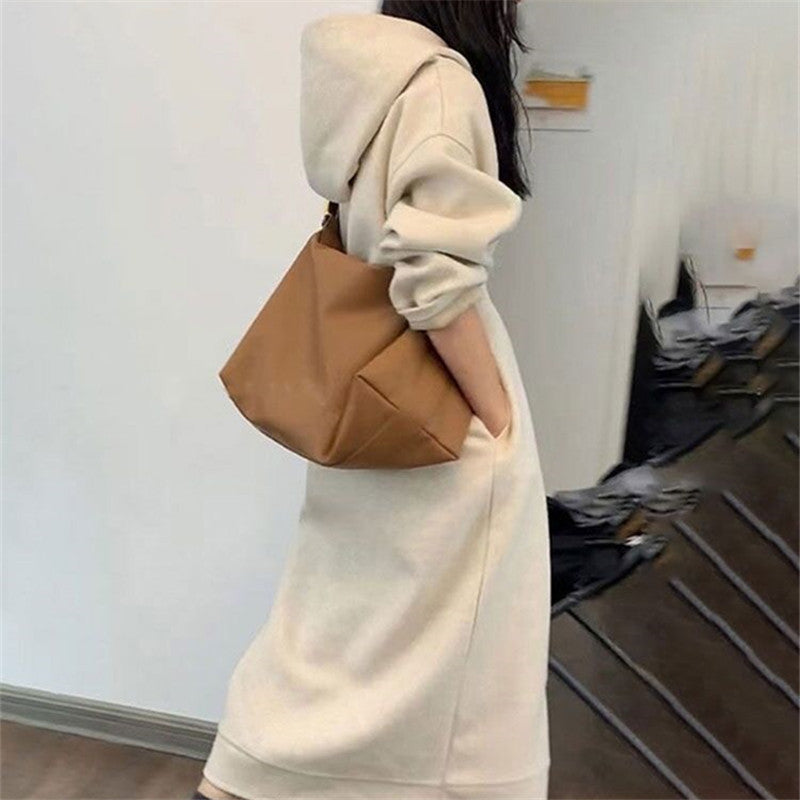 Damen Langes Oversize-Kapuzen-Sweatkleid mit Eingrifftaschen und legerer Maxi-Silhouette – Valéora