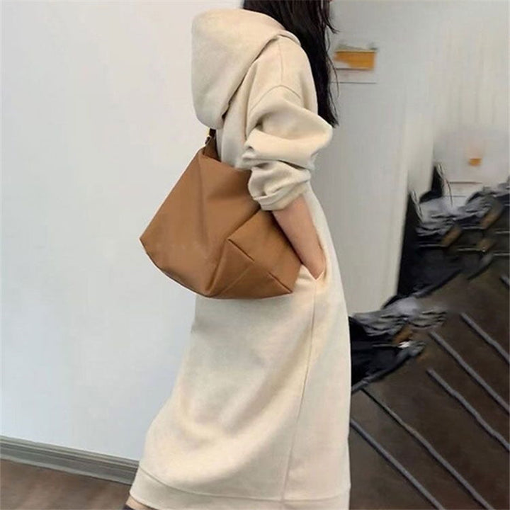 Damen Langes Oversize-Kapuzen-Sweatkleid mit Eingrifftaschen und legerer Maxi-Silhouette – Valéora