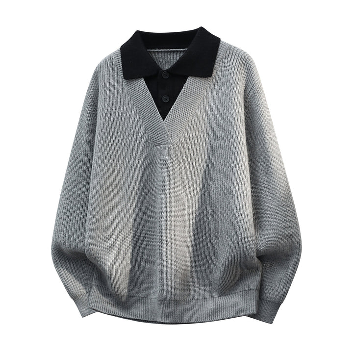 Herren Grobstrick-Pullover mit tiefem V-Ausschnitt und kontrastierendem Polokragen Echoarchiv