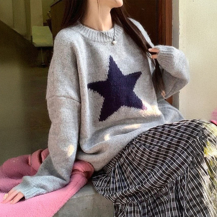 Damen oversized Strickpullover mit markantem Sternmotiv, Rundhalsausschnitt und gerippten Bündchen – Mavelle