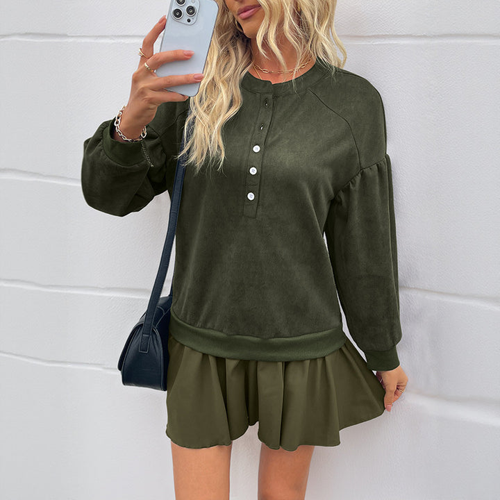 Damen Velours-Henley-Sweatshirt mit Raglan-Ärmeln und Ballonärmeln Echoarchiv