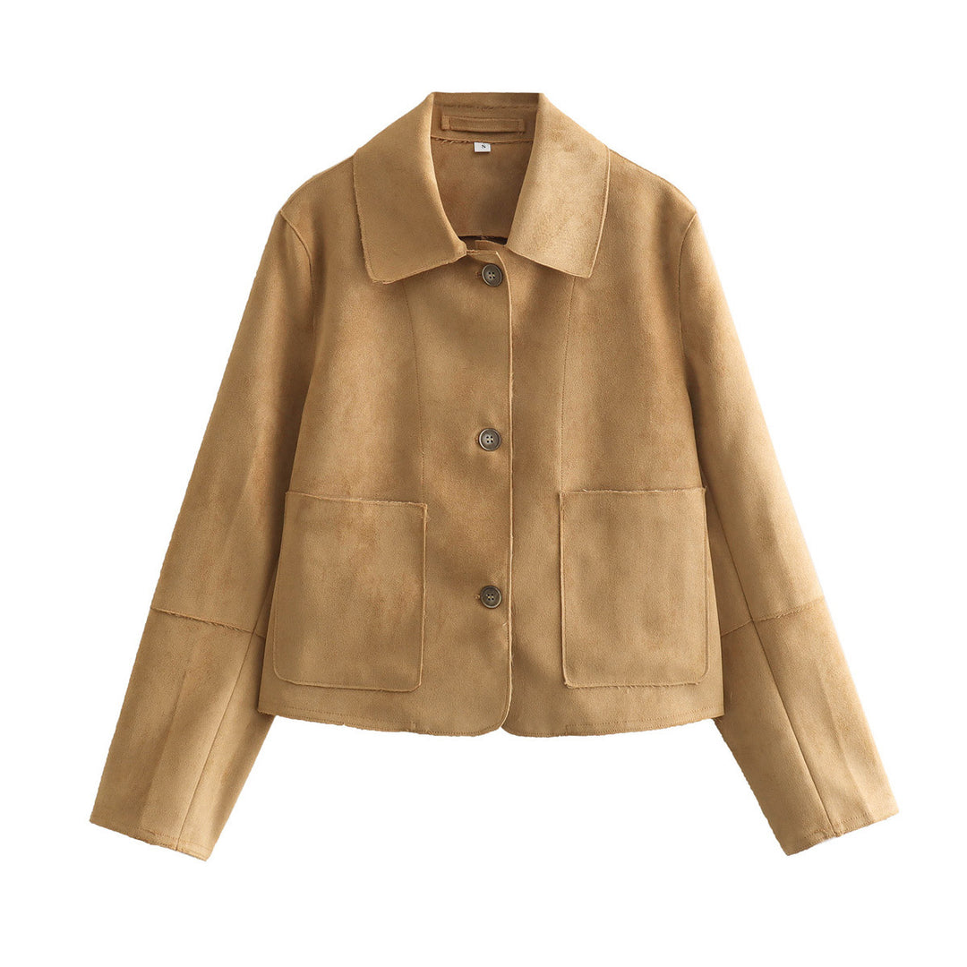 Damen cropped Wildlederoptik Jacke mit Hemdkragen und großen aufgesetzten Taschen – Célinea