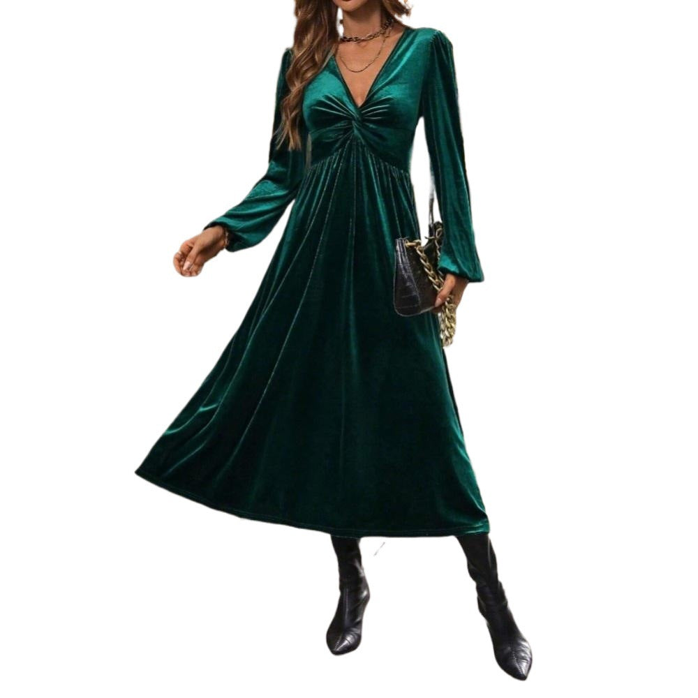 Damen Midikleid aus Samt mit gedrehtem Bustier und schwingendem Tellerrock – Élara