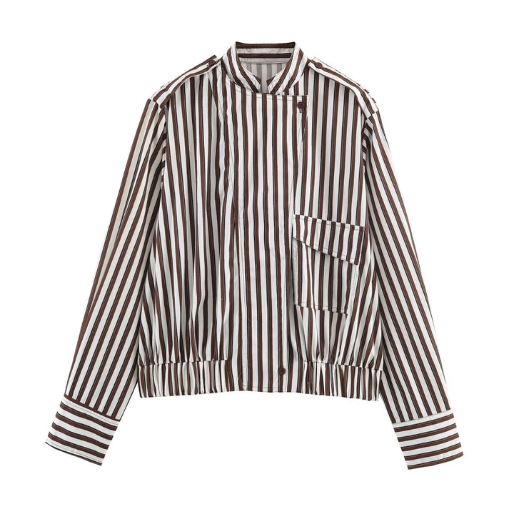 Damen Gestreifte Cropped‑Hemdblusen‑Jacke mit Stehkragen, asymmetrischer Klappentasche und elastischem Saum Echoarchiv
