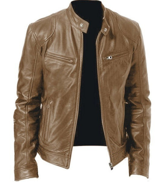 Herren nan vintage-inspirierte Lederjacke im Bikerstil mit Stehkragen und sichtbaren Reißverschlüssen Echo Archiv