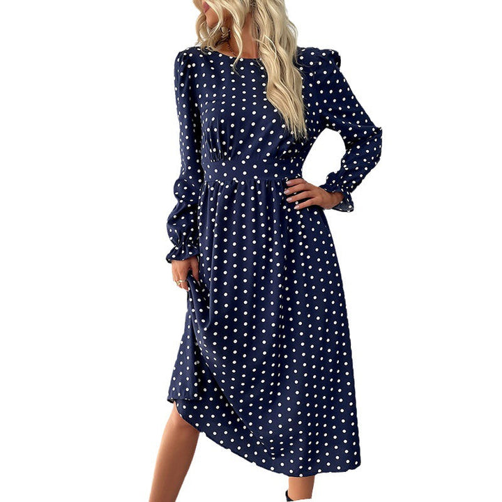 Damen Gepunktetes Midikleid mit geraffter Taille und Ballonärmeln Echoarchiv