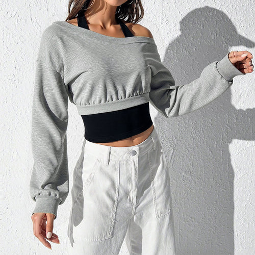 Damen cropped Sweatshirt mit weitem Carmen‑Ausschnitt, ballonärmeln und gerafftem Bund – Avérine