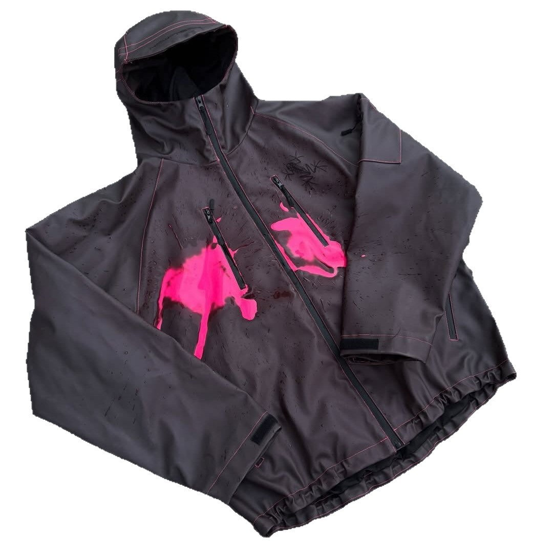 Damen nan wasserdichte Kapuzenjacke mit Spritzdruck-Design, vertikalen Reißverschlusstaschen und verstellbarem Saum Echo Archiv