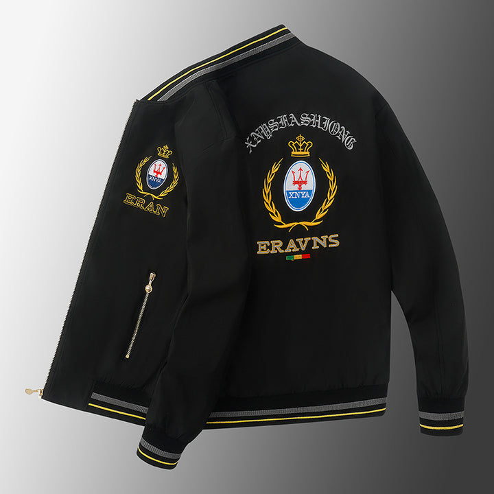 Herren Stickdetail-Bomberjacke im Retro-Crest-Stil mit Emblemstickerei und Reißverschluss-Ärmeltasche Echoarchiv