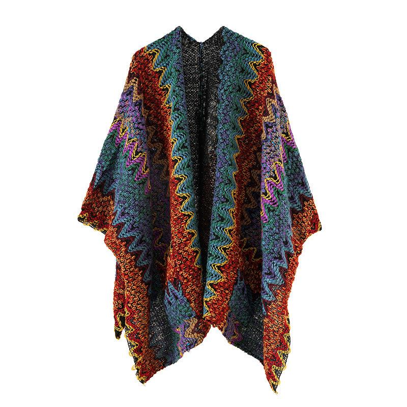 Damen Grobgestrickter Ethno-Ruana-Poncho mit Zickzack‑Jacquard und offenem Fall Echo Archiv