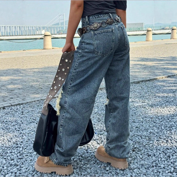 Damen Weite Vintage-Ripped-Jeans mit hoher Taille, großflächigen Knierissen und relaxed Straight-Leg Echo Archiv