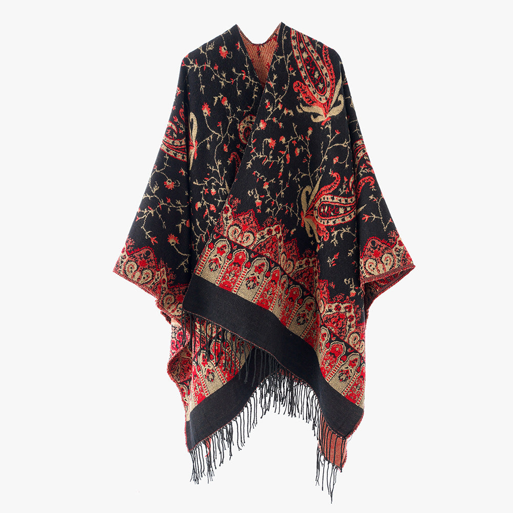 Damen Jacquard Überwurfcape aus feinem Strick mit Paisley-Bordüre Echo Archiv