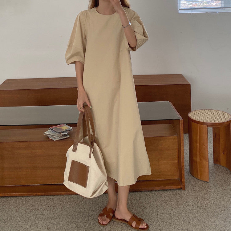 Damen Leichtes A-Linien Midikleid aus Baumwoll-Popeline mit ballonförmigen Ellenbogenärmeln – Élara
