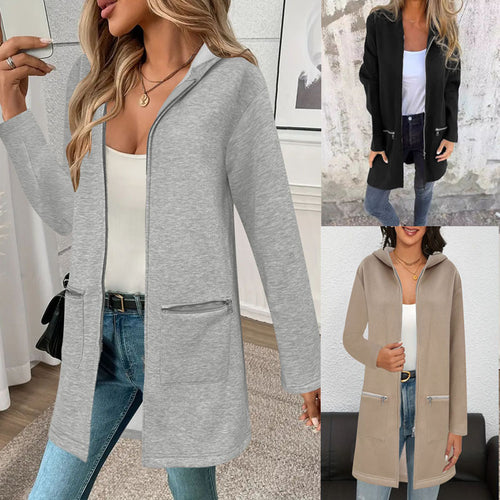 Damen Longline Oversize-Jacke mit durchgehendem Reißverschluss und Zipper-Taschen – Célinea
