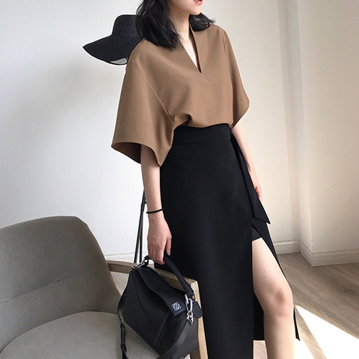 Damen Elegante Bluse mit V-Ausschnitt und weitem Schnitt Echoarchiv