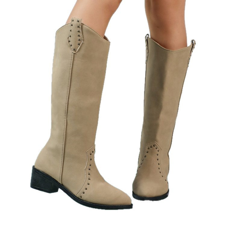 Damen kniehohe Veloursleder-Stiefel mit dekorativer Lochstanzung und mittlerem Blockabsatz Echoarchiv