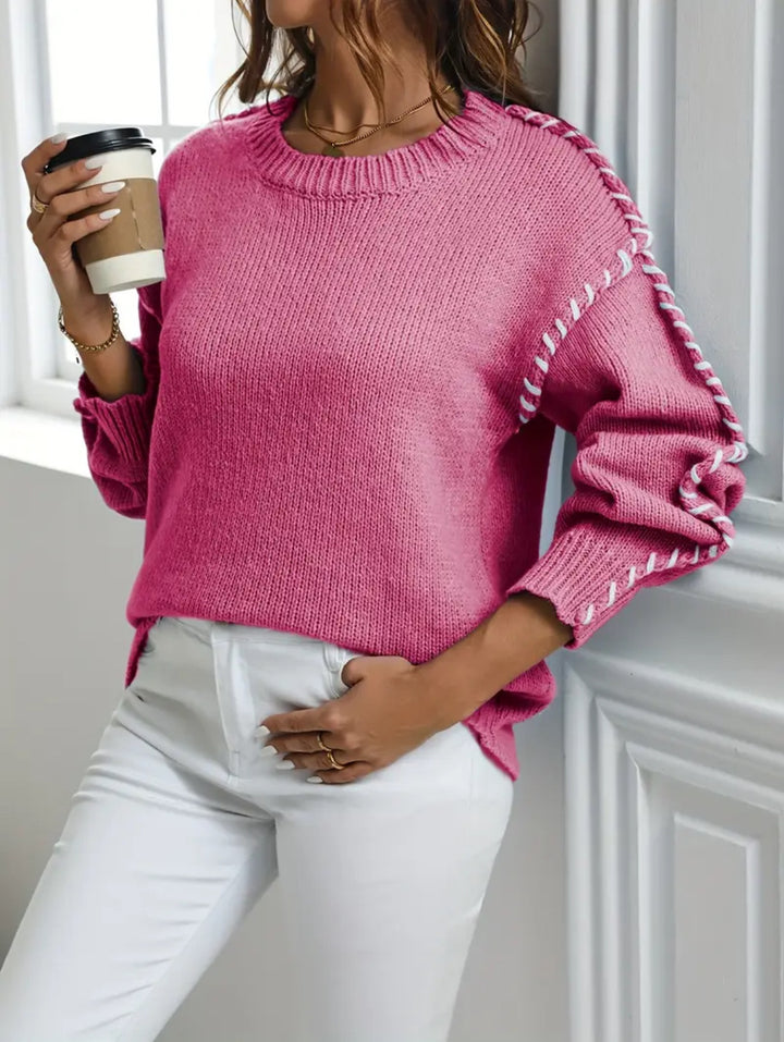 Damen Oversize Strickpullover mit dekorativem Kordel‑Zopf an Ärmeln – Mavelle