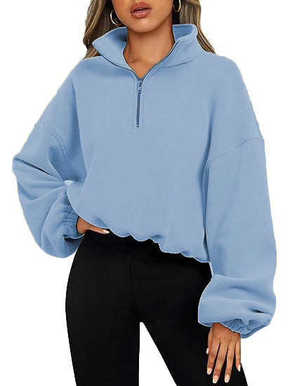 Damen nan kurz geschnittenes Halbzip-Sweatshirt mit hohem Stehkragen, Ballonärmeln und elastischem Saum Echo Archiv