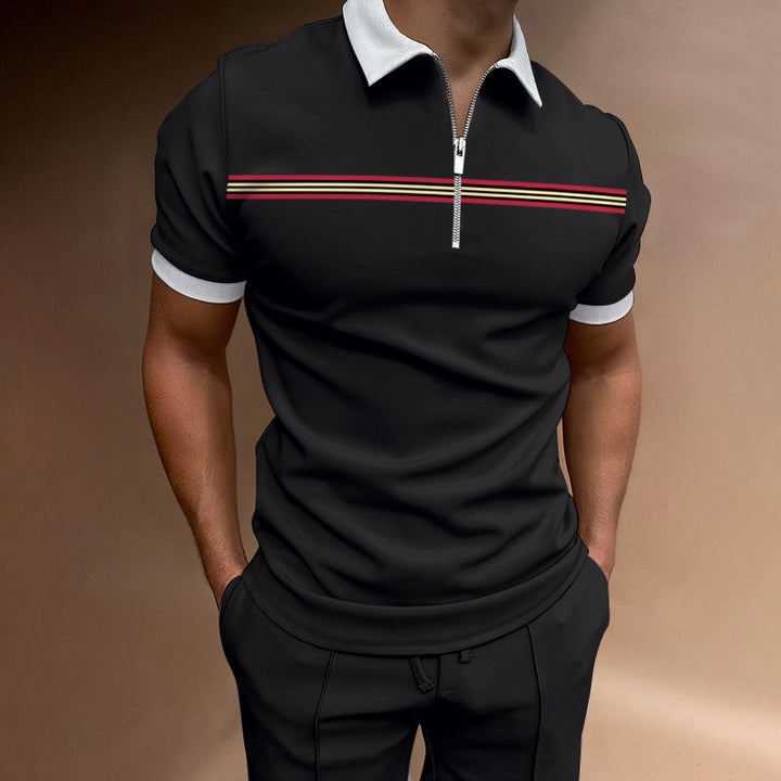 Herren lässiges Kurzarmpoloshirt mit Reißverschluss und sportlichem Streifenmuster Echoarchiv