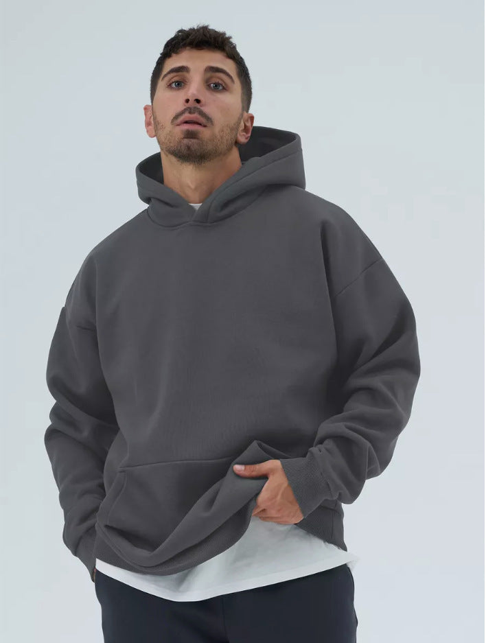 Herren schwerer Fleece-Boxy-Hoodie mit tiefem Schulterfall verstärkter Kapuze und Kängurutasche – Cavarno
