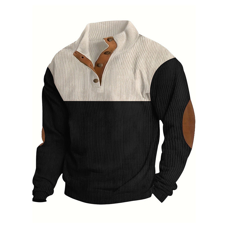 Herren Strukturierter Halbknopf-Pullover mit Stehkragen, Rippenstruktur und Ellenbogen-Patches Echoarchiv