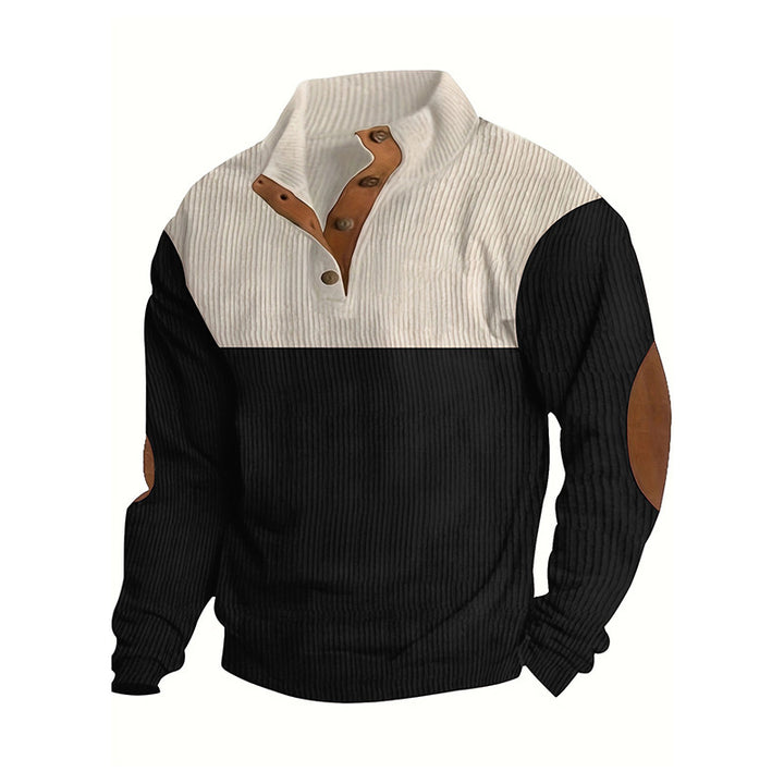 Herren Strukturierter Halbknopf-Pullover mit Stehkragen, Rippenstruktur und Ellenbogen-Patches Echoarchiv