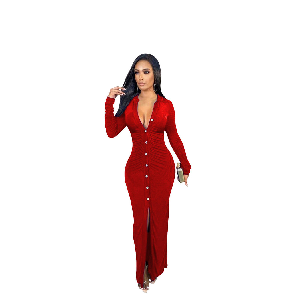 Damen Figurbetontes Maxikleid mit Knopfleiste, Raffung und tiefem V-Ausschnitt – Valéora