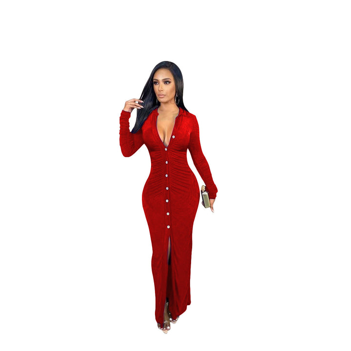 Damen Figurbetontes Maxikleid mit Knopfleiste, Raffung und tiefem V-Ausschnitt – Valéora