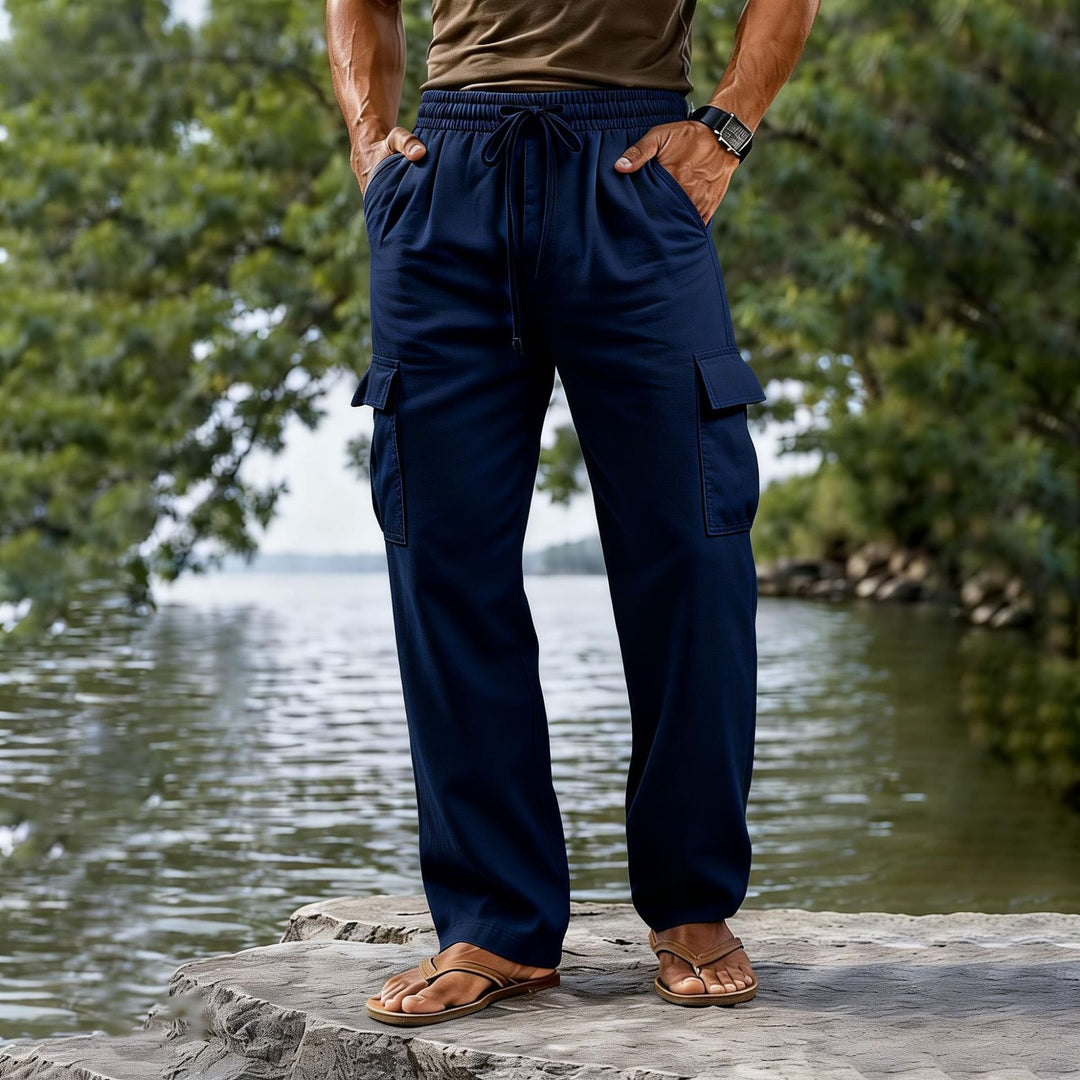 Herren leichte Cargo-Freizeithose mit elastischem Tunnelzugbund und geradem Bein – Bravaro